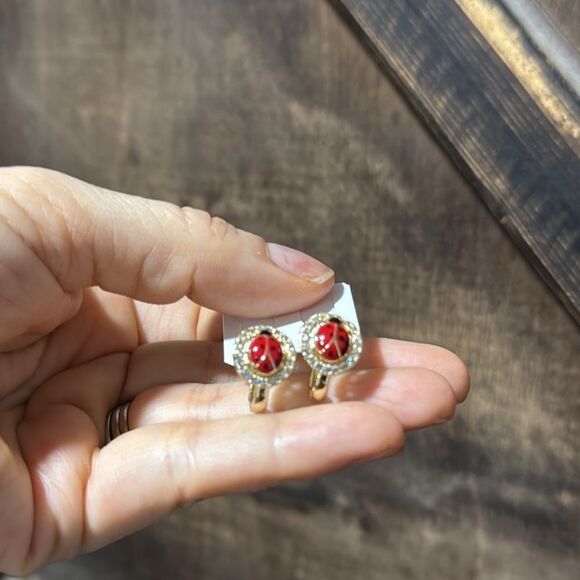 Chic 14K Gold Plated Red Lady Bug Stud Zirconia Earrings - Picture 13 of 17